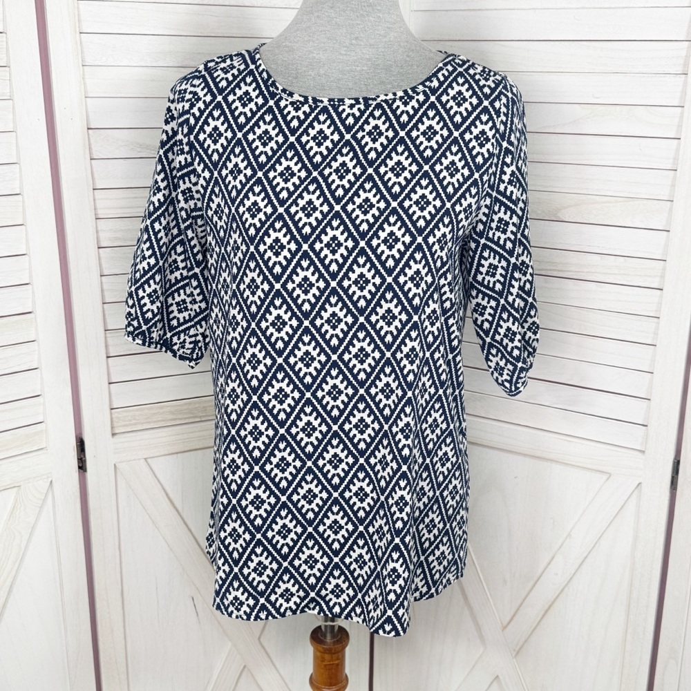 Yahada Geometric Digital Diamond Print Popover‎ Top Blouse White Blue Small
